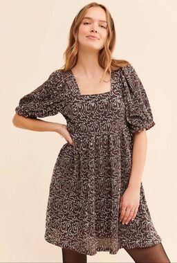 Moon River Sequin Babydoll Mini Dress Brown Silver Party Puff Sleeve Medium